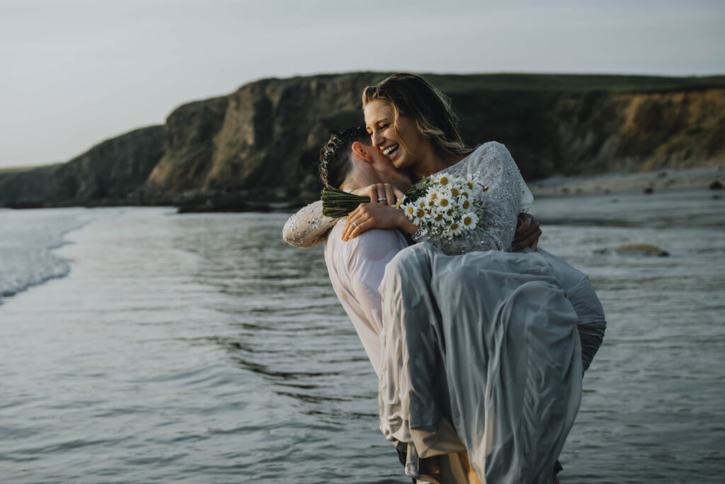 Wedding photos at Sunset on Druidstone beach