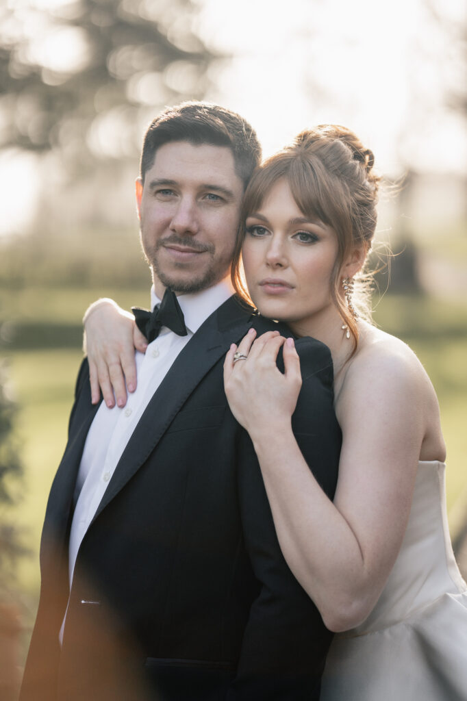 Golden hour magic in Garthmyl Hall’s lush gardens – dreamy outdoor wedding portraits at their fines