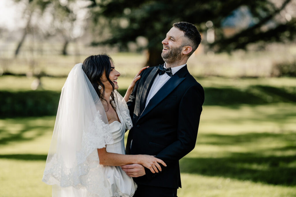 Golden hour magic in Garthmyl Hall’s lush gardens – dreamy outdoor wedding portraits at their fines